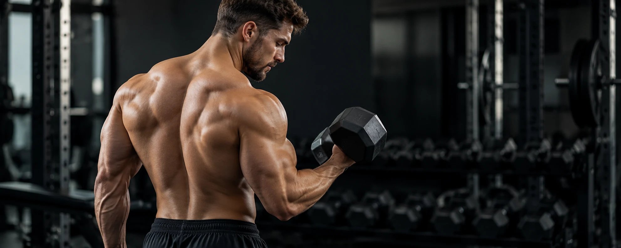 Muscular adult bodybuilder training with a dumbbell